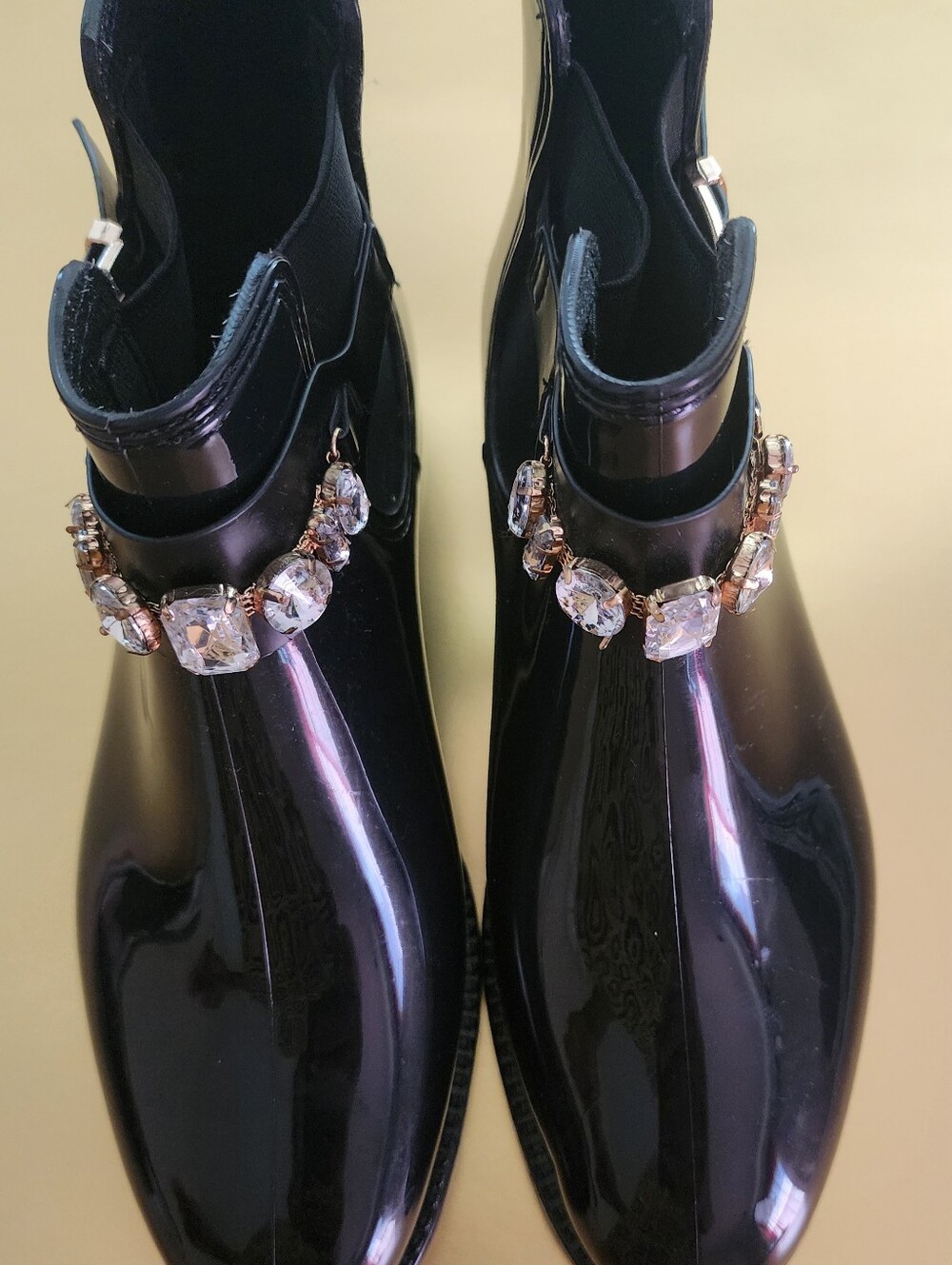 Henry Ferrera Women's Black Patent Jewel Strap Chelsea Rain Boot